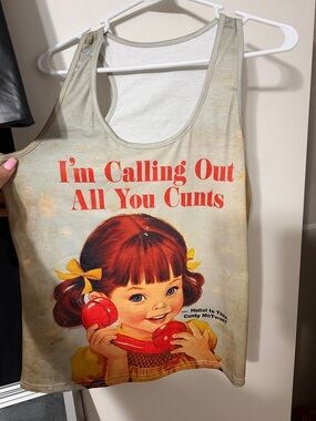 Graphic Tank Top with Red Text and Vintage Girl Print